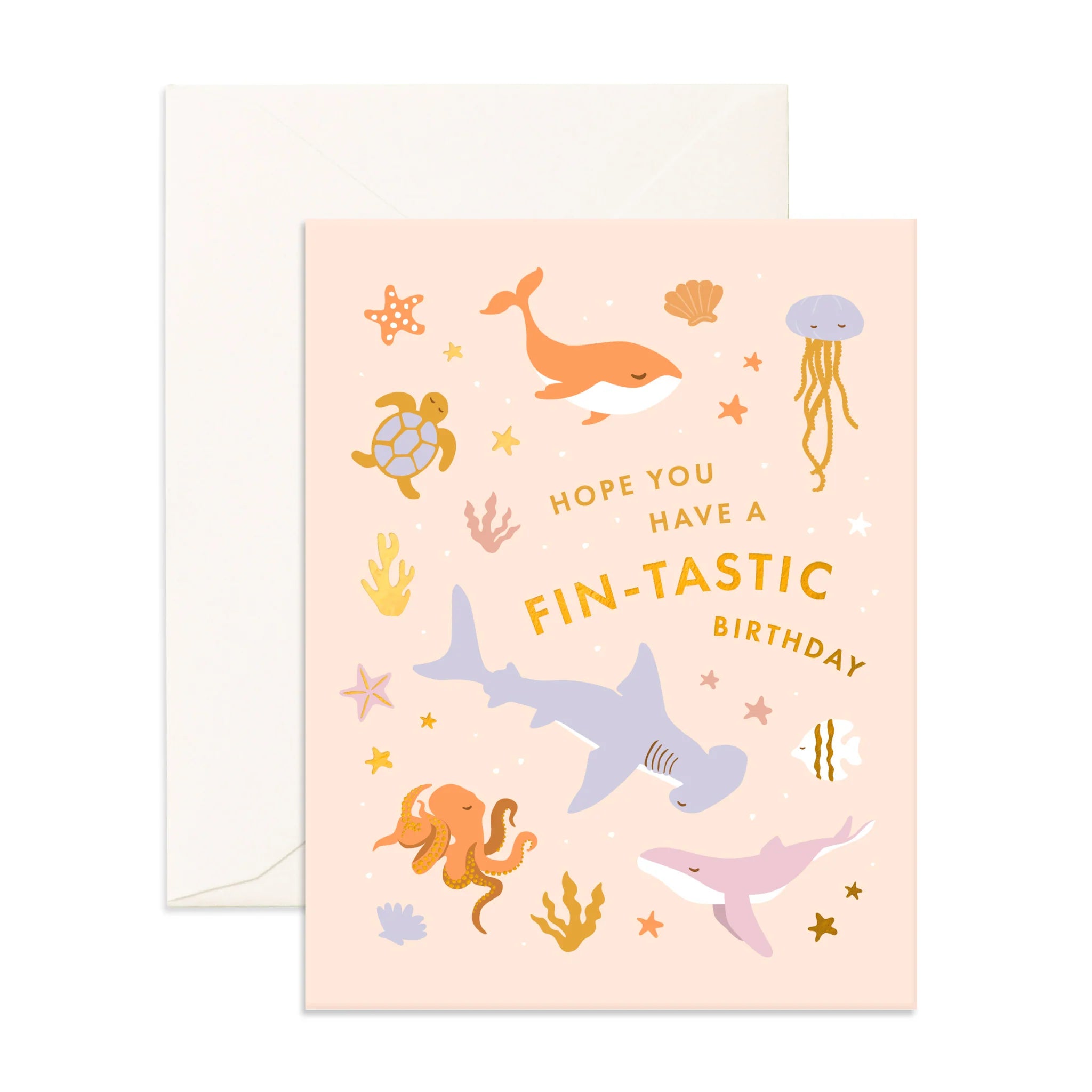 Birthday card with sea creature illustrations and text on a pink background