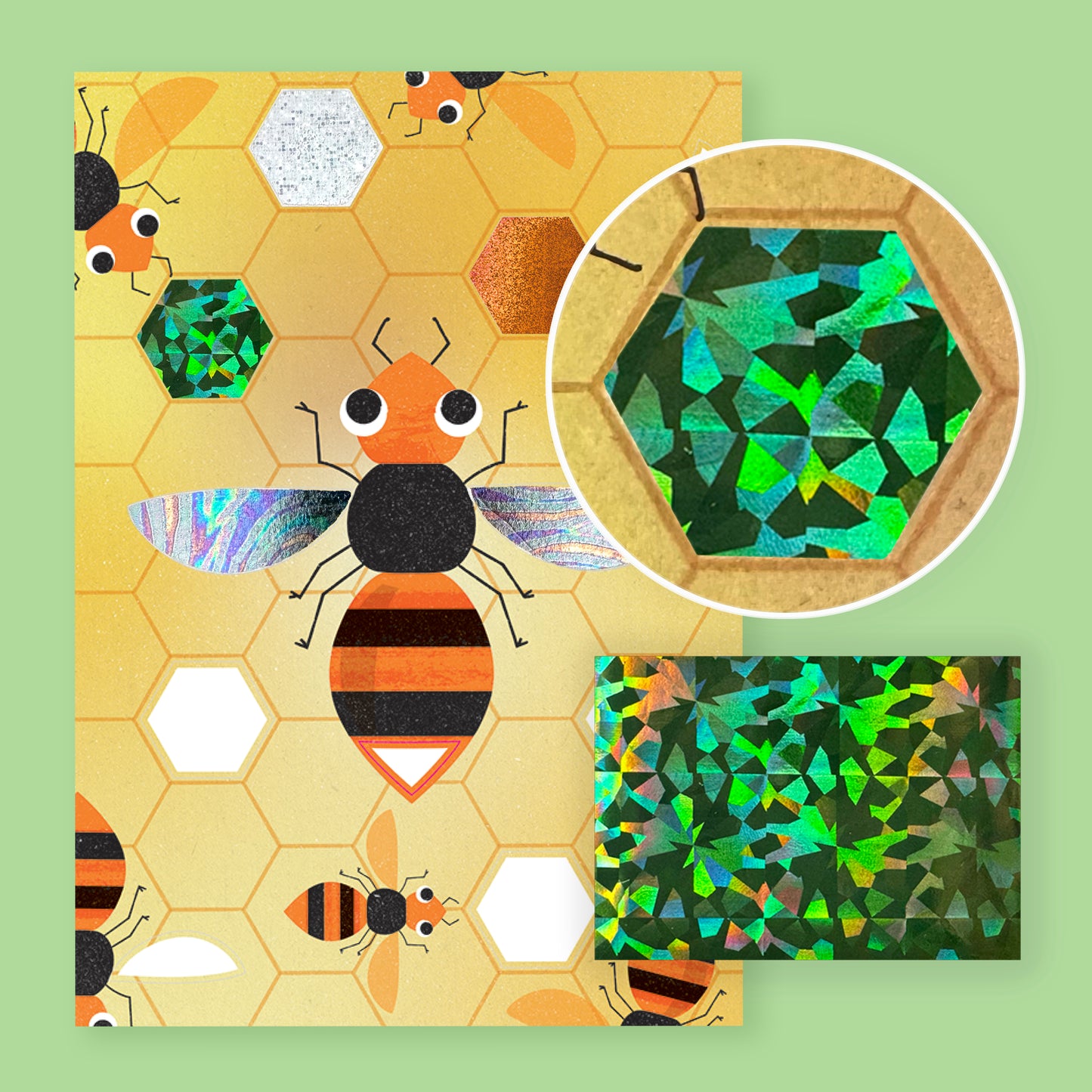 Completed bee foil art creations made with Tiger Tribe Foil Art Bug World kit