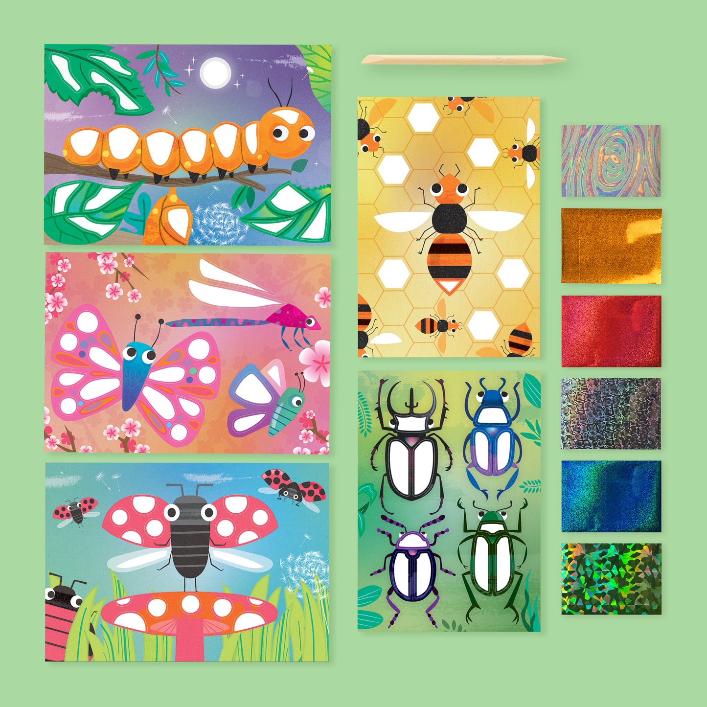 Completed beetle, bee and ladybird foil art creations made with Tiger Tribe Foil Art Bug World kit