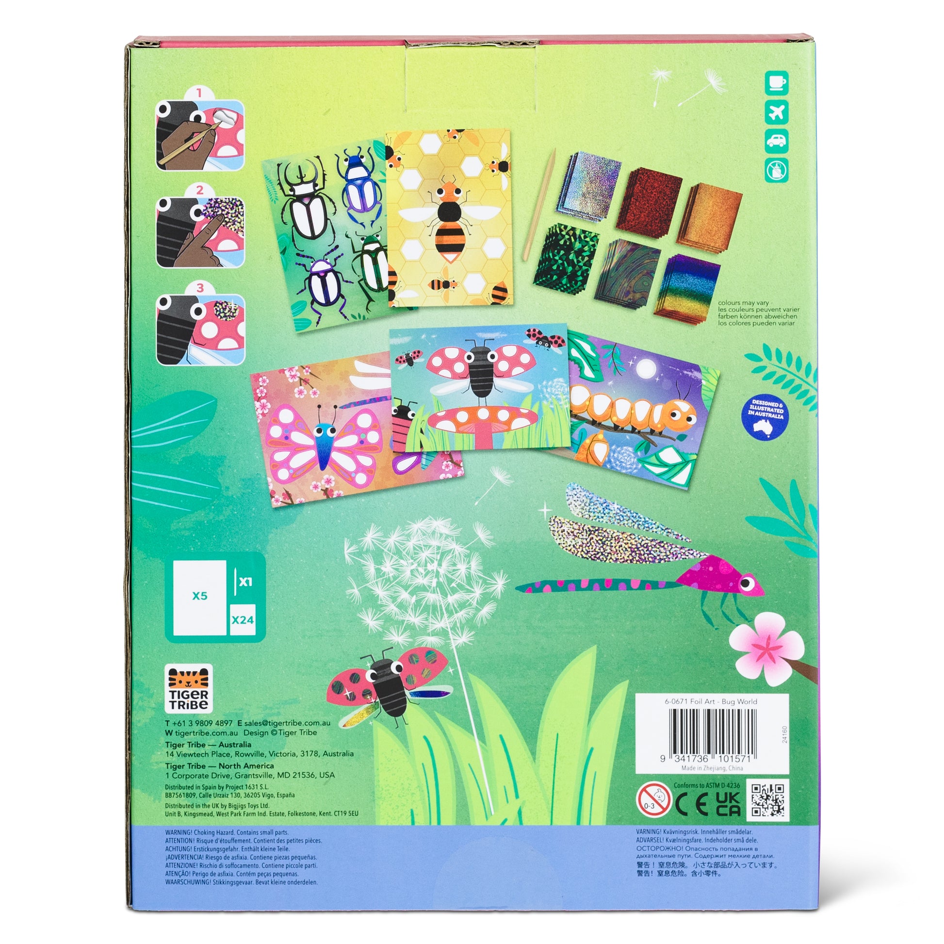 Tiger Tribe Foil Art Bug World craft kit showing beetle, bee and ladybird foil art designs for kids