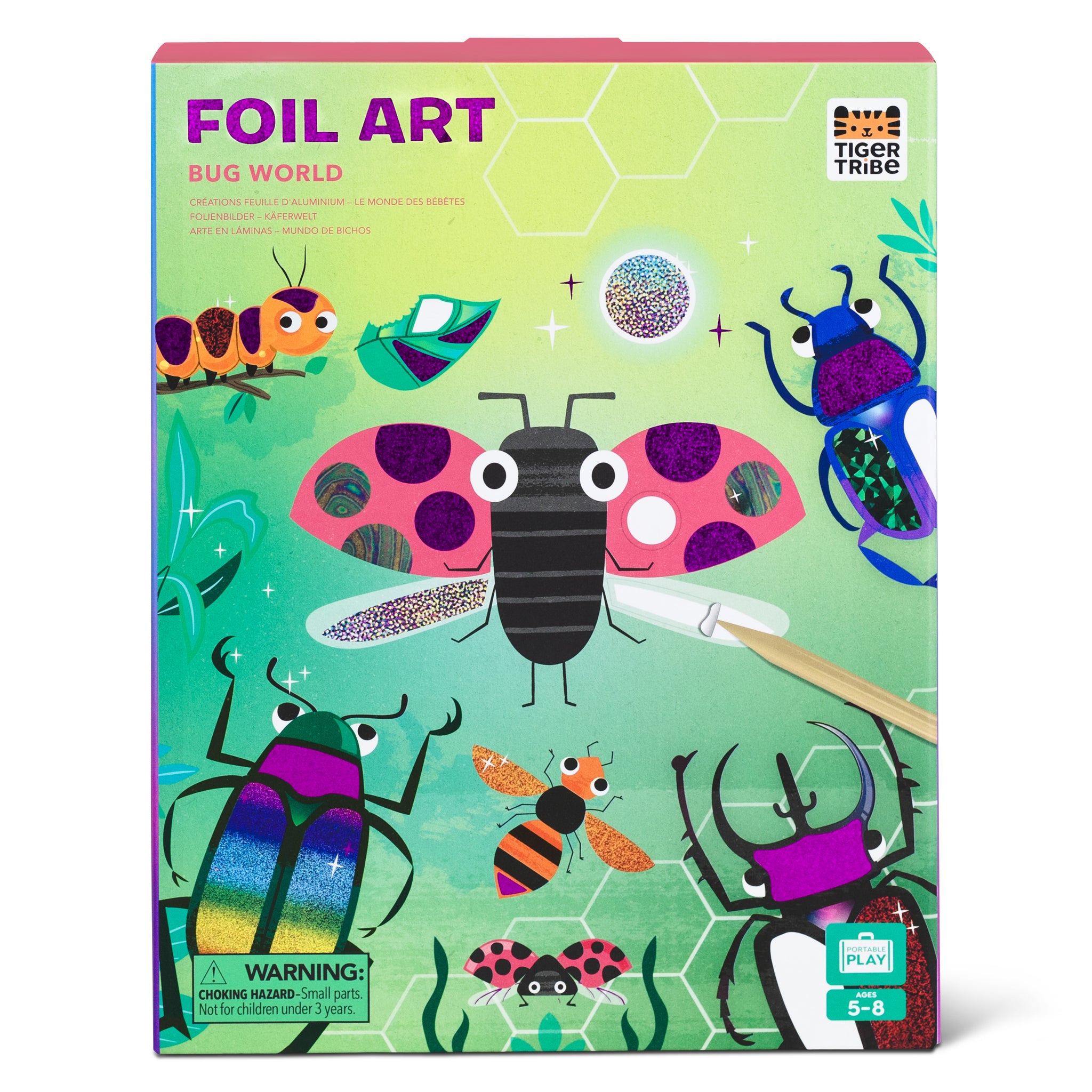 Tiger Tribe Foil Art Bug World craft kit showing beetle, bee and ladybird foil art designs for kids