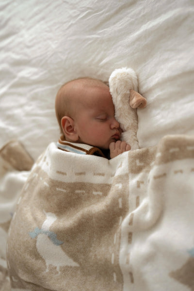Newborn baby sleeping under a blanket with animal patterns on a white bed.