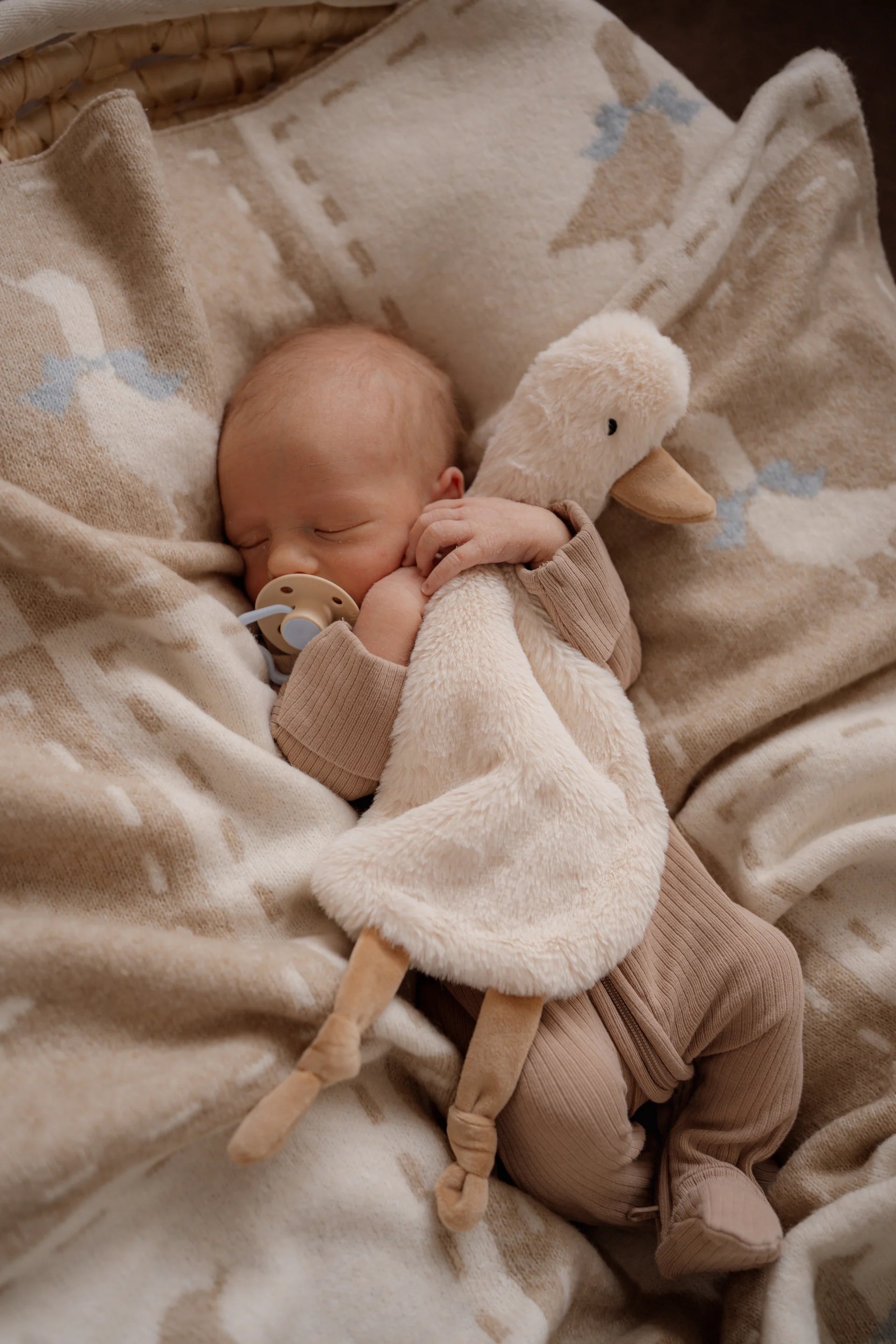 Baby lying on a blanket with a plush duck toy