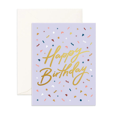 Greeting card with 'Happy Birthday' text on a light purple background with confetti, envelope included.
