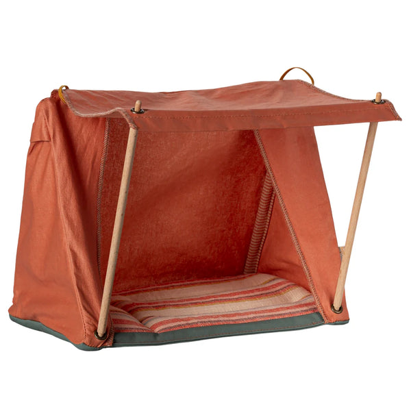 Orange Maileg tent with wooden frame on a white background