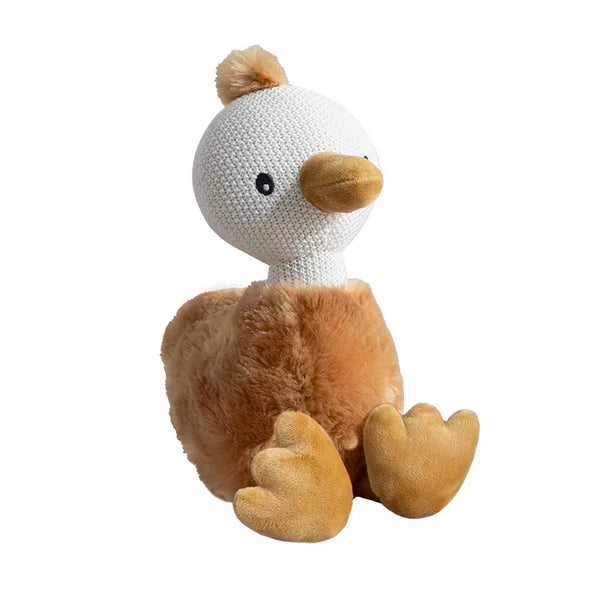 Plush toy with a white head and brown body on a white background