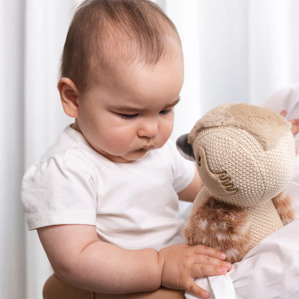 Baby holding a knitted sloth toy against a white background