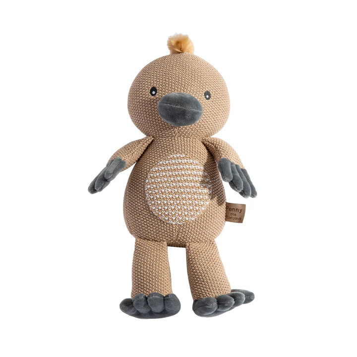 Knitted toy resembling a horse on a light gray background
