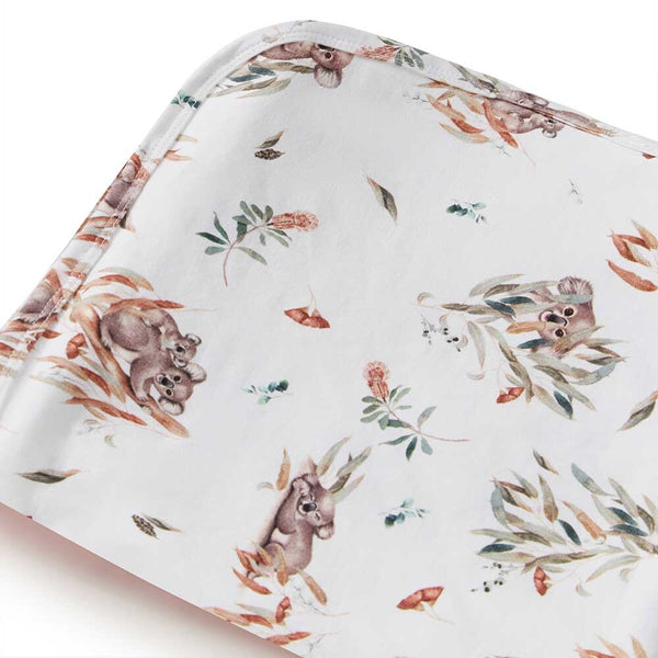 Fabric with koala and eucalyptus leaf pattern on a white background