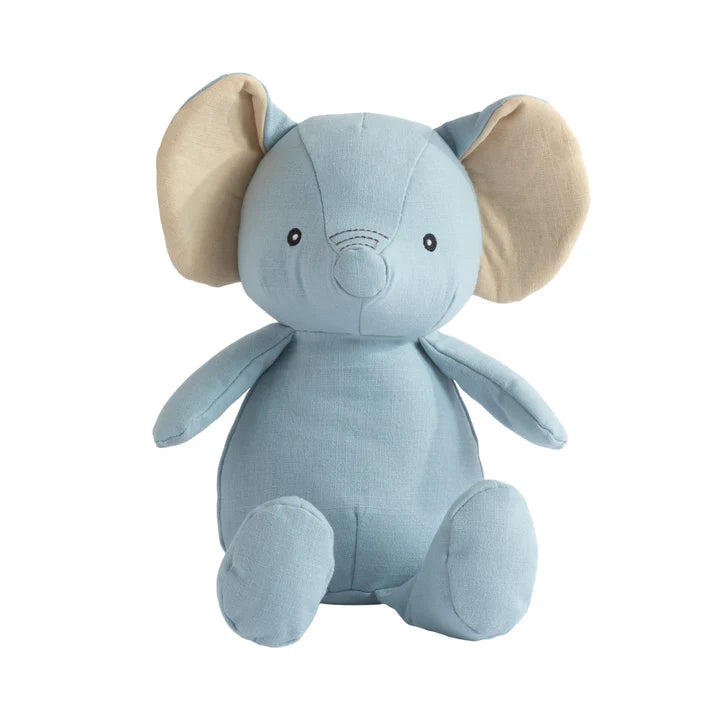 Blue elephant plush toy with beige ears on a white background