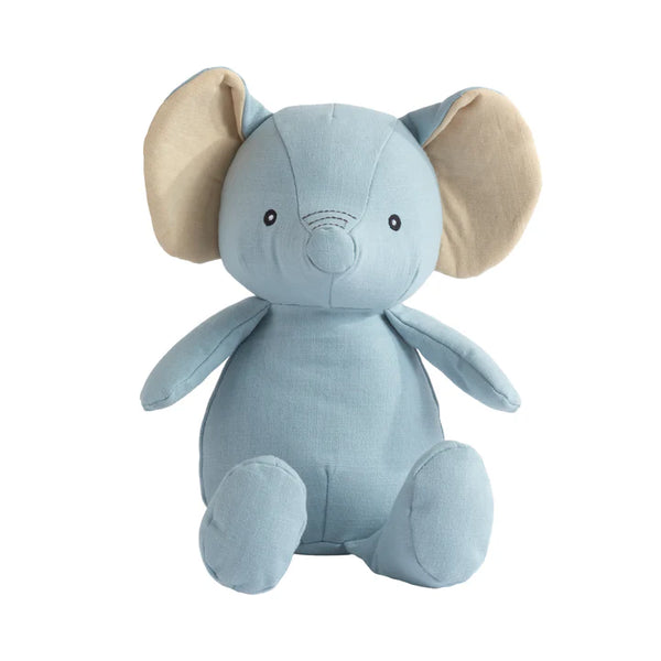 Blue elephant plush toy with beige ears on a white background