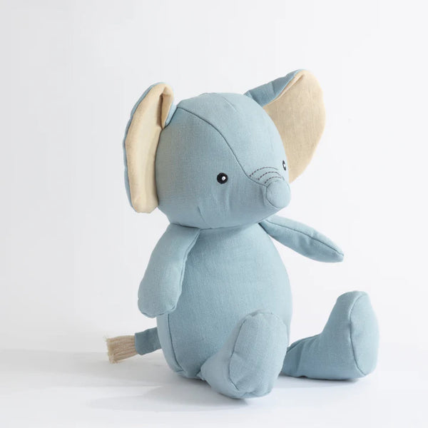 Blue plush mouse toy with beige ears on a light gray background