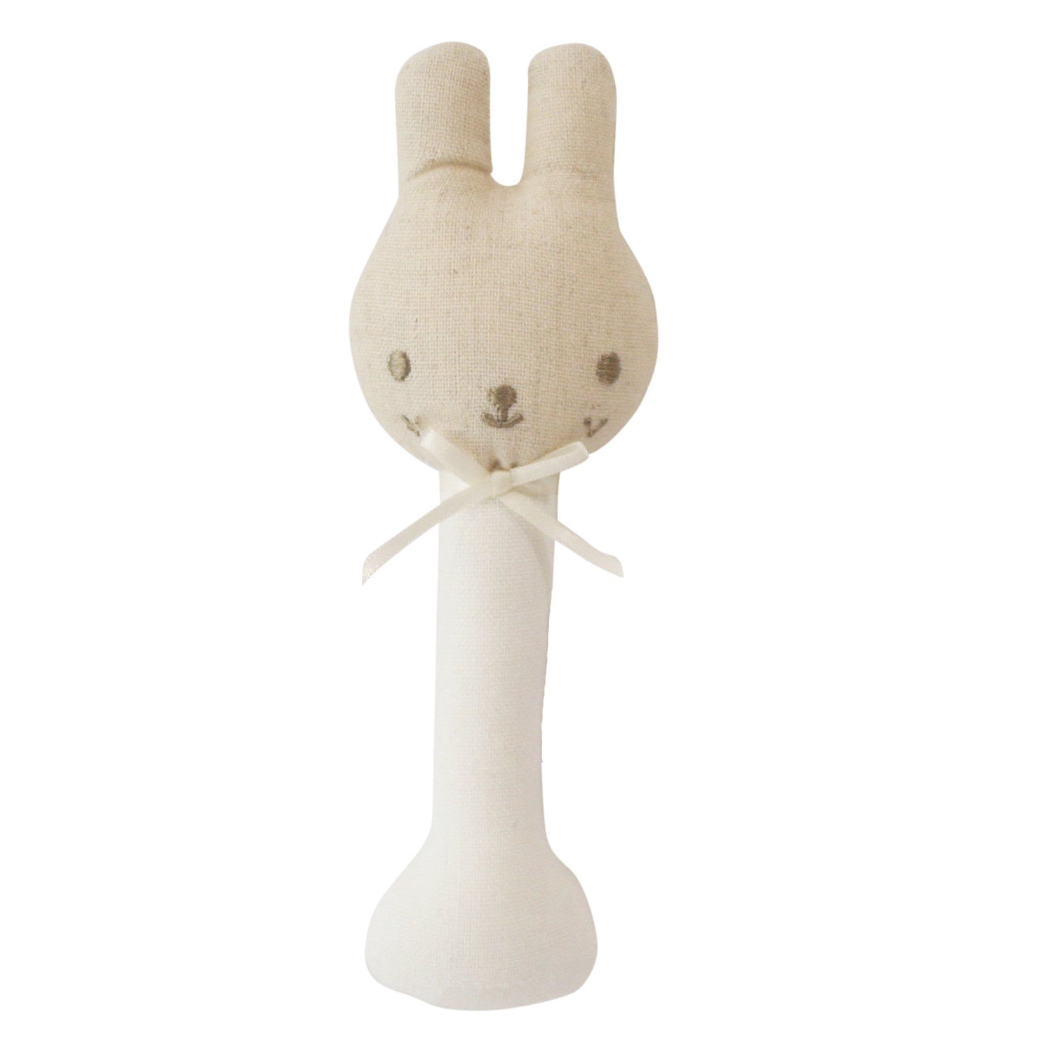 Stuffed rabbit toy with a white handle on a white background