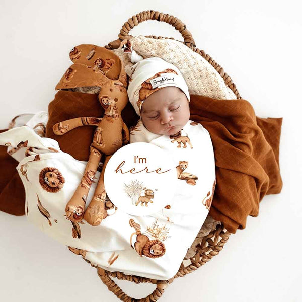 Newborn baby in a basket with lion-themed toys and blanket on a white background