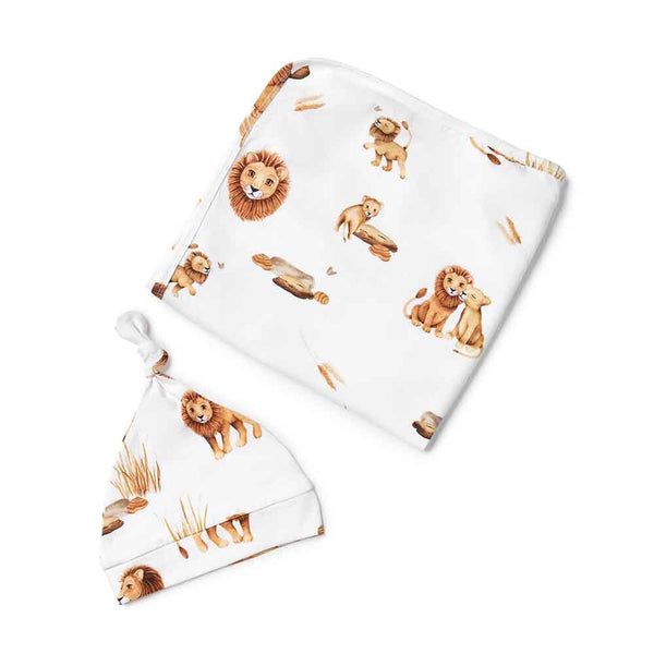 Baby blanket and hat set with lion print on a white background
