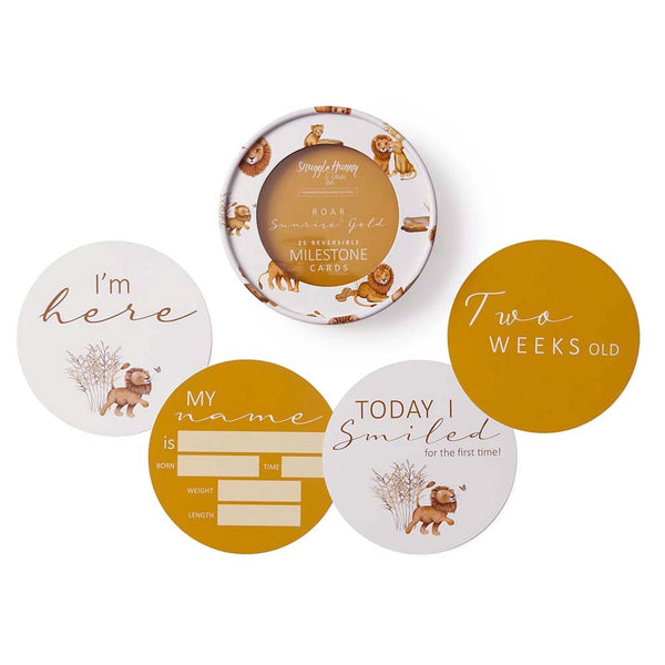 Set of milestone cards with baby illustrations and text on a white background