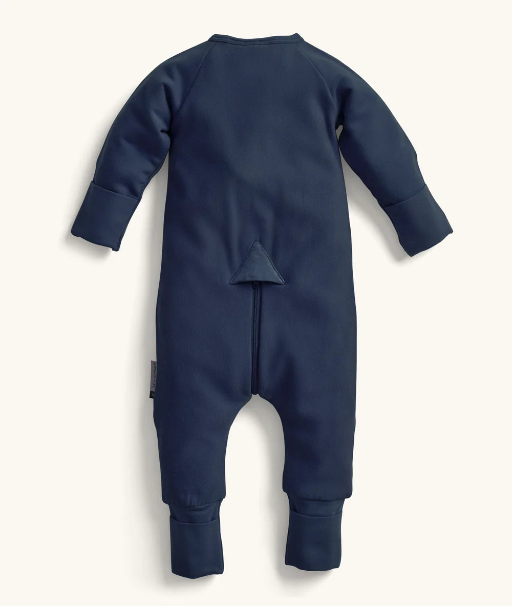 Navy blue baby onesie on a white background