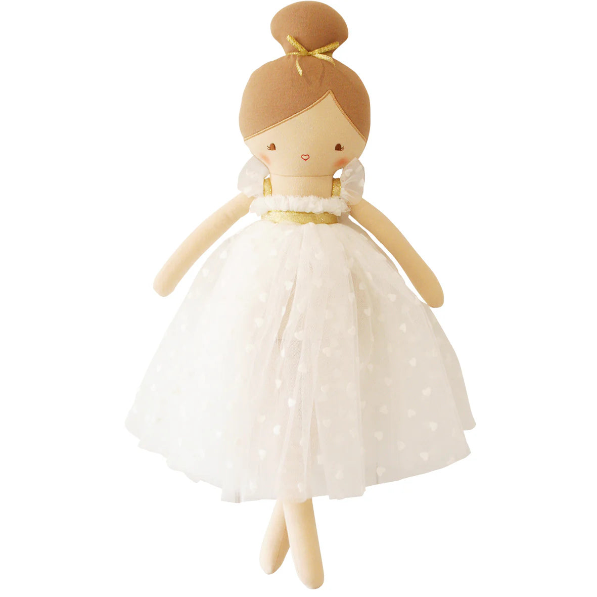 Toy doll with a white dress and brown hair bun on a white background