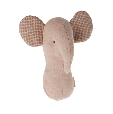 Stuffed animal head rattle with checkered ears on a white background