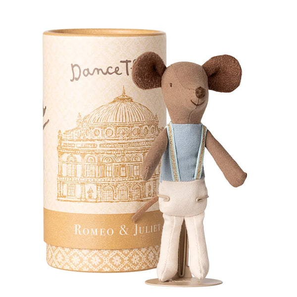 Stuffed mouse toy with a cylindrical packaging featuring 'Romeo & Juliet' design.