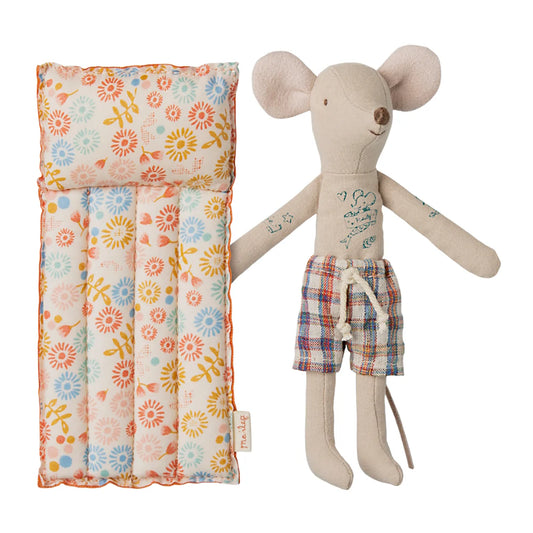 Stuffed mouse toy with floral-patterned pillow on a white background