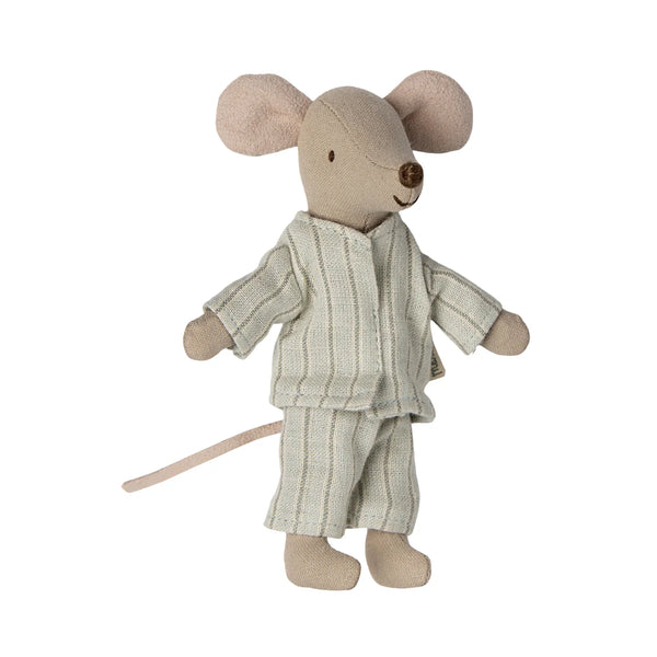 Stuffed mouse toy wearing a striped outfit on a white background