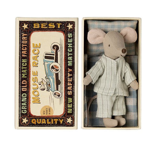 Stuffed mouse toy in a matchbox with a vintage matchbox design.