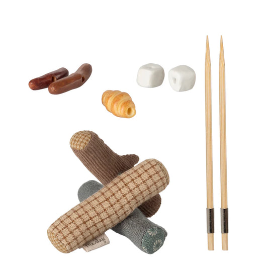 Set of Maileg toys including a pretend bonfire for Maileg Mice on a white background