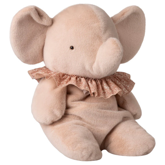 Plush elephant toy with a ruffled collar on a white background