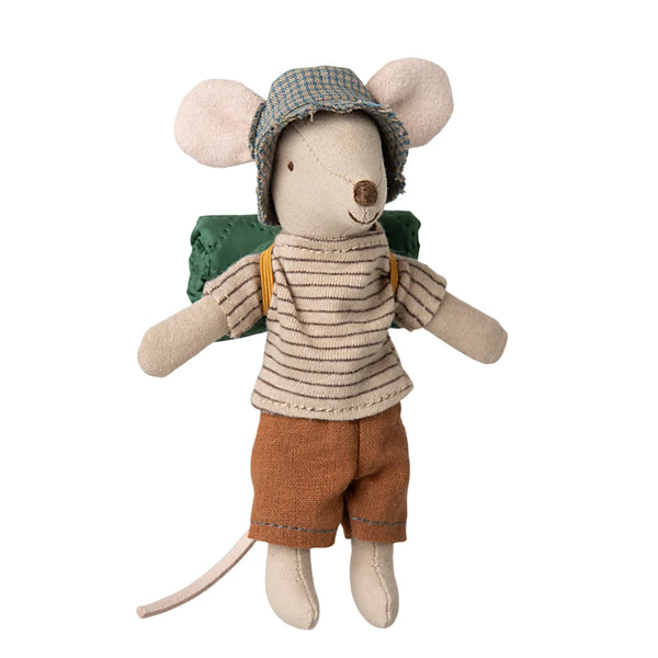Stuffed mouse toy wearing a hat and carrying a backpack on a white background