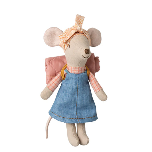 Stuffed mouse toy with a blue dress and pink backpack on a white background