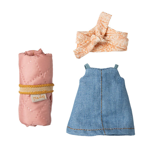 Set of Maileg mouse  items including a denim dress, pink swaddle, and headband on a white background