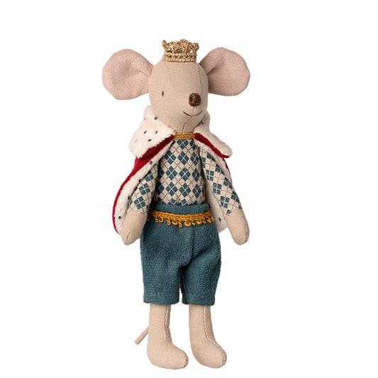 Stuffed toy mouse in a royal outfit with a crown on a white background