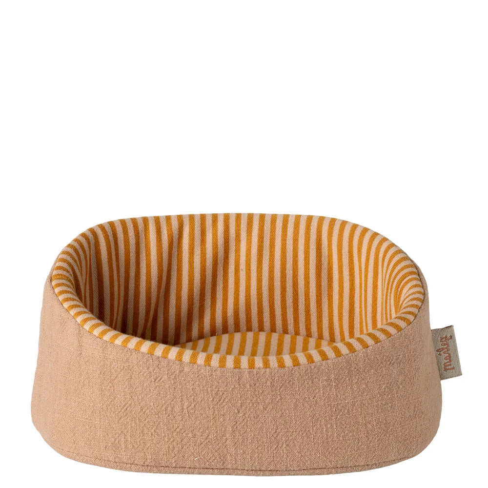 Maileg Pet basket with striped interior and beige exterior on a white background