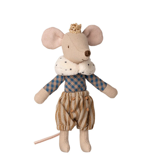 Stuffed toy mouse in a checkered outfit with a crown on a white background