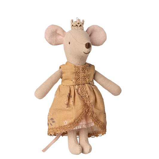Stuffed mouse toy wearing a yellow dress and crown on a white background