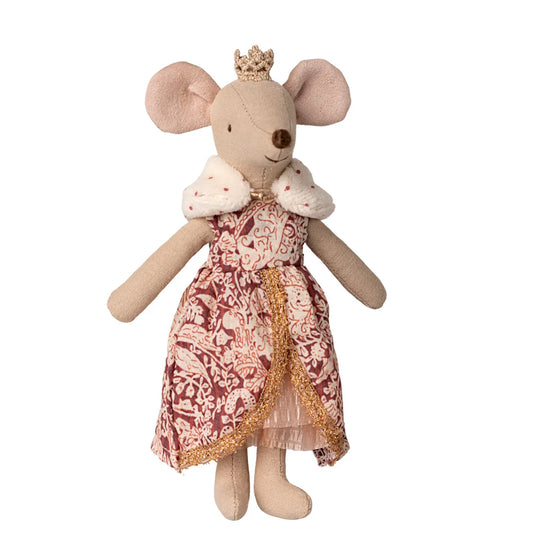Stuffed mouse toy wearing a patterned dress and crown on a white background