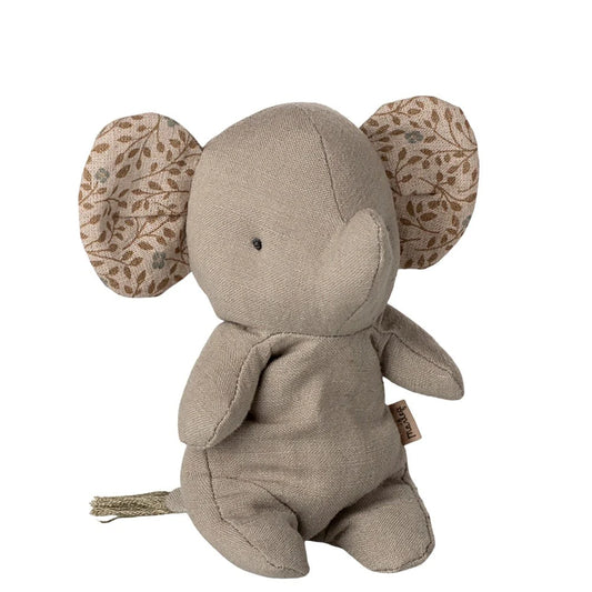 Textured elephant plush toy with patterned ears on a white background