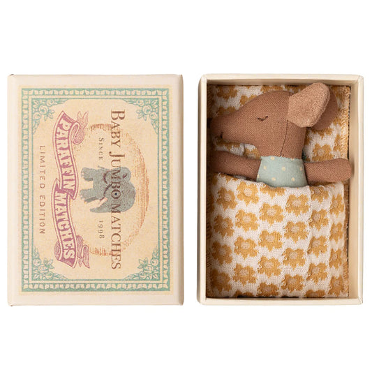 Maileg Mouse toy with a floral blanket in a matchbox-style box.
