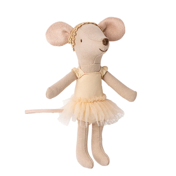 Stuffed mouse toy in a ballerina outfit on a white background