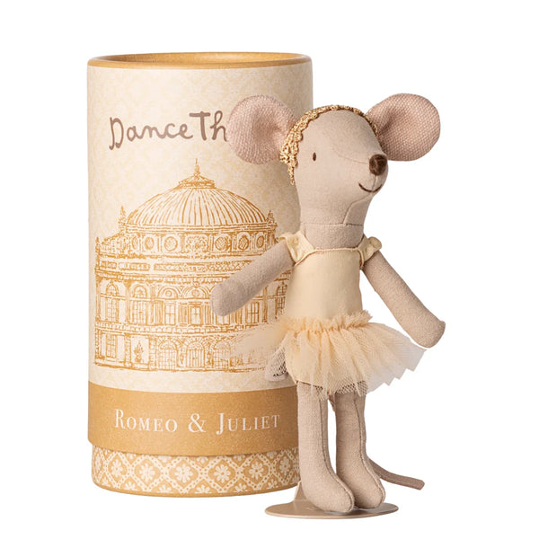 Stuffed mouse doll in a tutu standing next to a cylindrical packaging with 'Dance Romeo & Juliet' text.