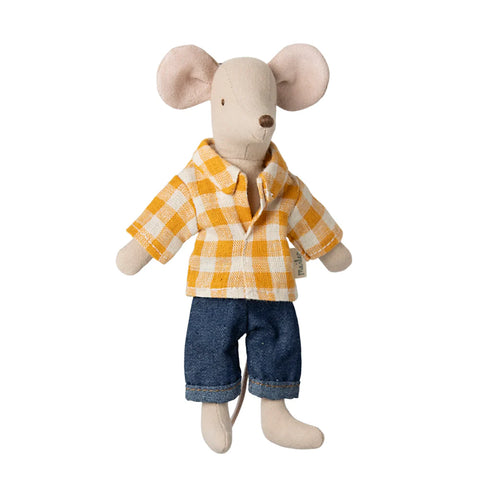 Stuffed Maileg Dad mouse toy wearing a yellow checkered shirt and blue pants on a white background