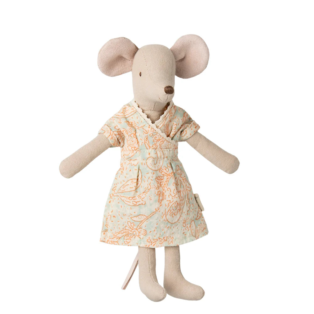 Stuffed Maileg Mum mouse toy wearing a floral dress on a white background