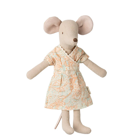 Stuffed Maileg Mum mouse toy wearing a floral dress on a white background