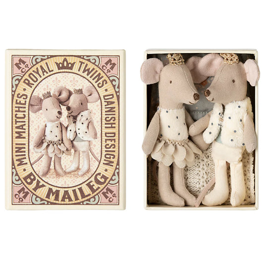 Two toy mice in a matchbox with decorative packaging on a white background