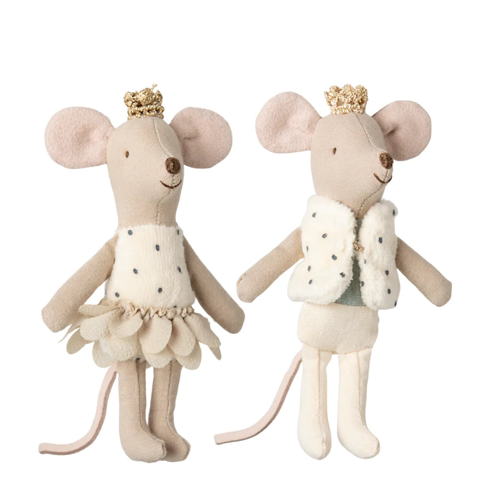 Two Maileg royal twins plush mouse toys with decorative outfits on a white background