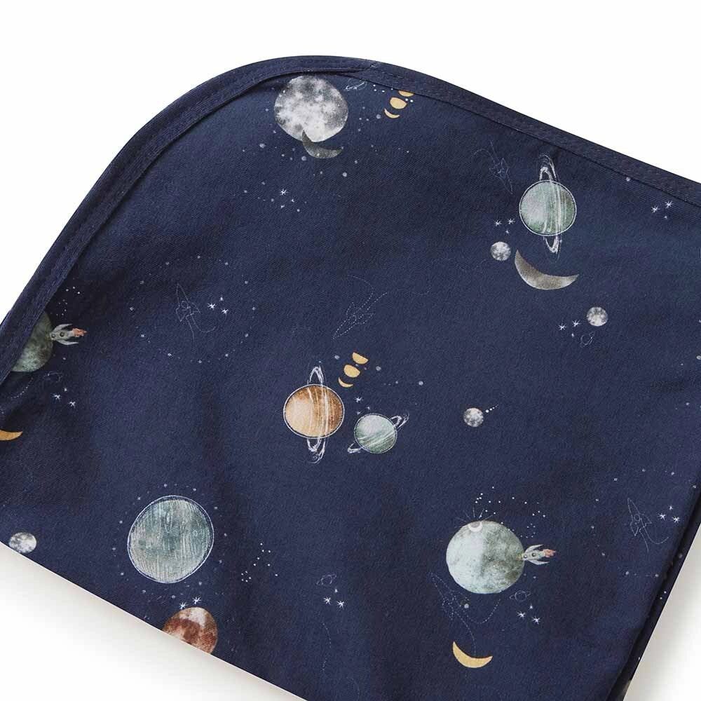 Navy blue fabric with space-themed pattern featuring planets and stars on a white background