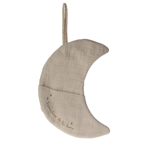 Crescent moon-shaped decorative item with embroidered text on a white background