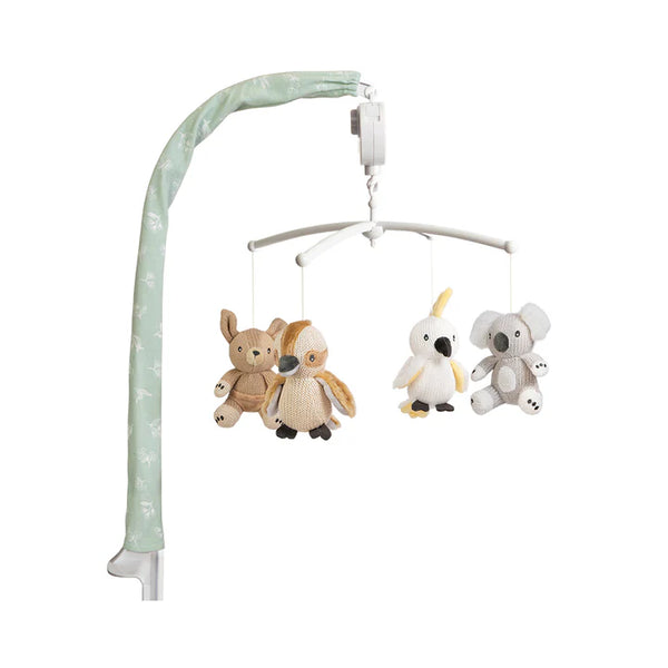 Children's mobile with teddy bears, a bird, and a koala on a white background