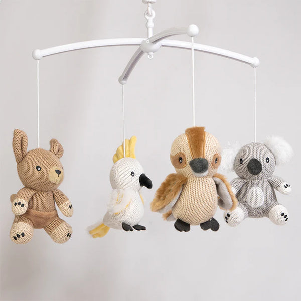 Knitted animal mobile with bear, bird, kangaroo, and koala on a white background